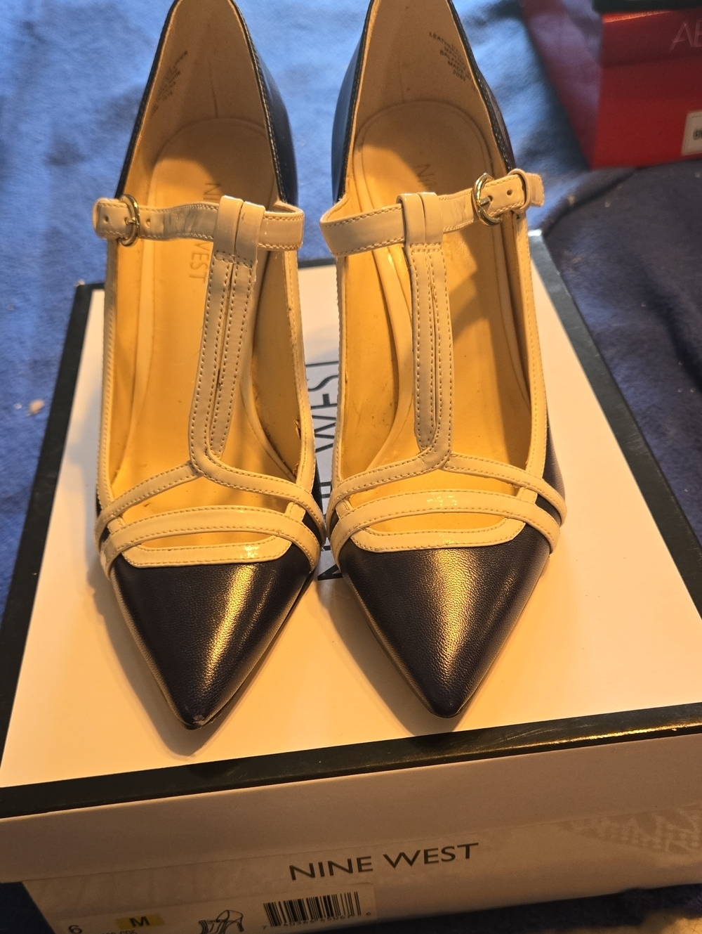Nine West Navy and Cream T‑Strap Pointed Toe Heels